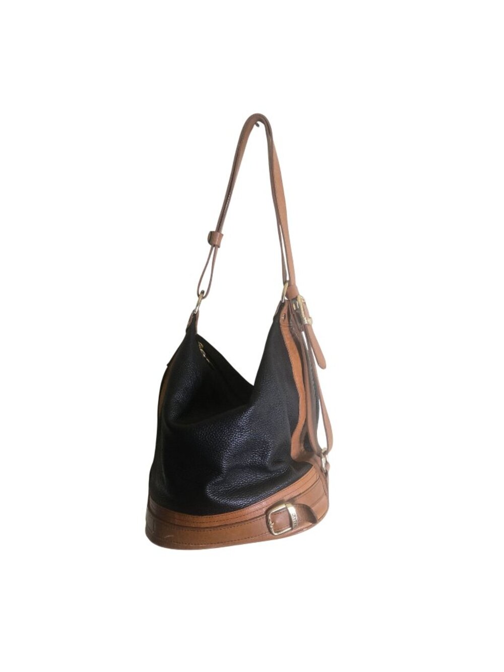 Valentina Black Caramel  Pebbled Leather Bucket Bag Adjustable 2 Zip Compartment